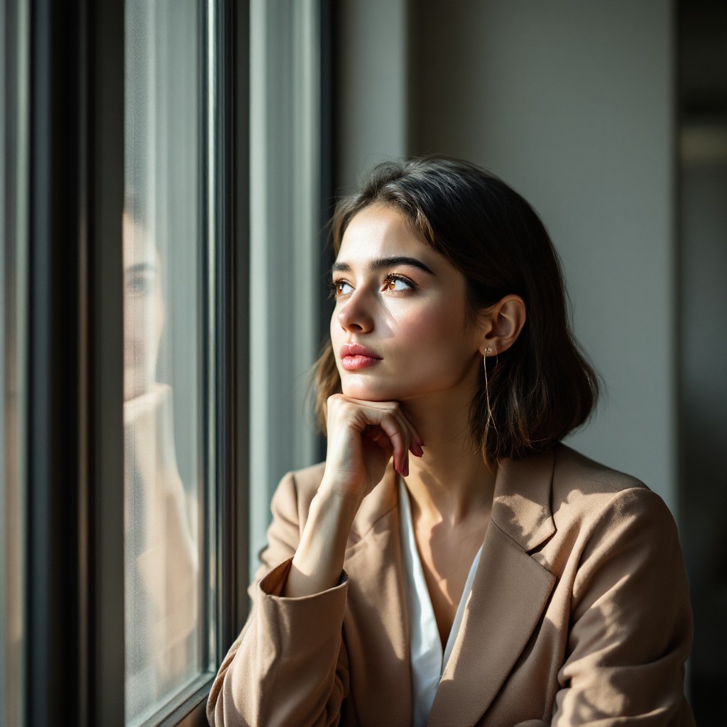 Professionele vrouw in bezinning bij het raam